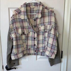 POL Cream and Gray Plaid Teddy Jacket